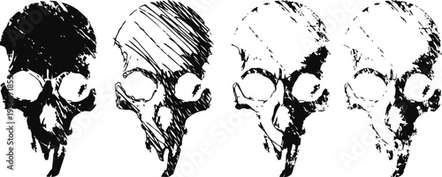 Grunge skull illustrations fading from dark to light texture with distressed cracked effect