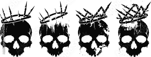 black skulls with thorn crowns in grunge gothic horror theme with distressed texture variations