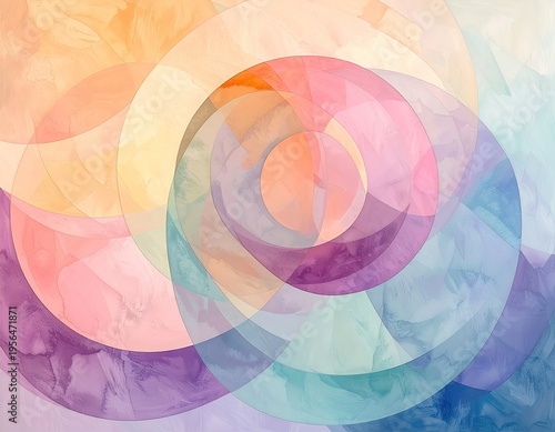 Abstract artwork of overlapping circles, soft brushstrokes, and pastel colors