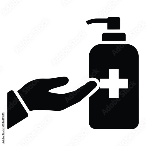 Hand dispensing sanitizer from a pump bottle with a cross symbol