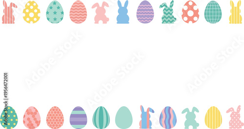 A festive easter border featuring colorful patterned eggs and cute bunny silhouettes in a row