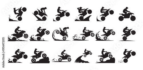 Collection of extreme offroad quad bike rider silhouettes performing jumps and tricks