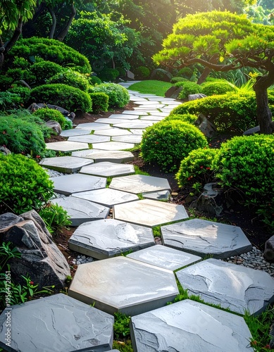 A winding stone path leads through a lush, sunny garden