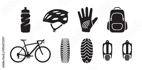 Bicycle equipment and cycling gear flat icons set with helmet bottle bag gloves and pedals