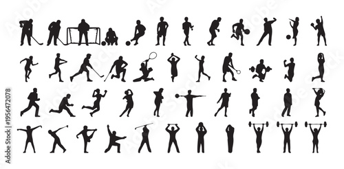 Sports activities silhouette collection with athletes playing various games and exercising
