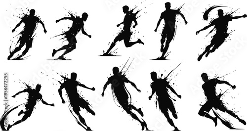 dynamic soccer player silhouettes in motion energetic football action poses with grunge ink splatter effects
