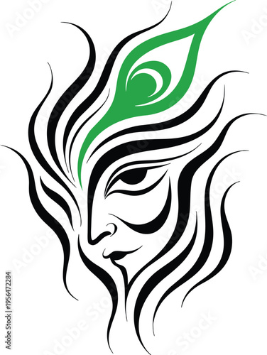 Creative Half Face Lord Krishna Tattoo Line Art in Pure Black for Modern Spiritual T-Shirt and Vector Design