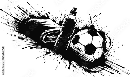 soccer ball, towel, and water bottle with black paint splatter background sports and fitness equipment illustration