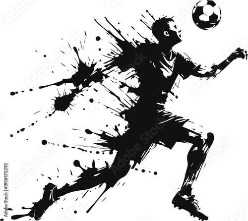 Dynamic soccer player silhouette in motion with paint splatter effect and ball control action