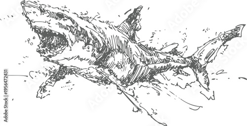 Detailed hand drawn sketch of a great white shark swimming dynamically underwater with splashing water effects