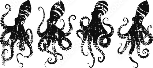 Four black octopus silhouettes with curling tentacles in vintage illustration