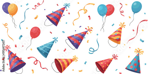 Party celebration elements collection with hats balloons confetti and streamers festive vector illustration set