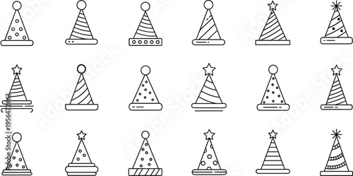 Party hat outline icons collection with minimal line art festive celebration cone caps vector illustration set