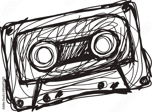 Hand drawn sketch of a vintage audio cassette tape in black ink on white background