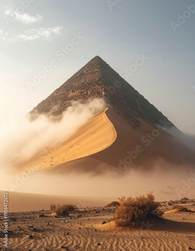 Pyramid emerges from desert with sand dunes and cloudy veil