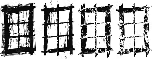 grunge black window frames with cracked, splattered paint and rough textured edges isolated on white background