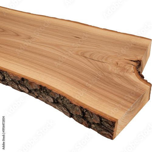 Wooden plank with bark edge isolated on transparent background