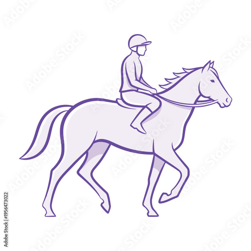Rider on horseback in motion purple line art illustration equestrian scene horse riding jockey equine sports action dynamic pose
