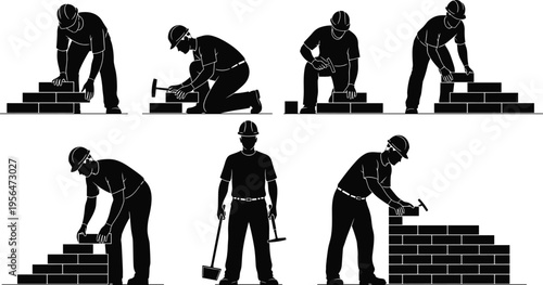 Bricklayer worker silhouettes building brick wall and performing masonry tasks isolated on white background, construction labor, manual work and industrial building process concept