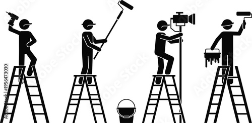Worker silhouettes on ladders using drill, paint roller and lighting equipment isolated on white background, construction maintenance, repair tasks and industrial labor concept illustration