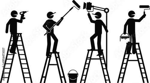 Worker silhouettes on ladders performing painting and drilling tasks isolated on white background, construction maintenance, repair work and industrial labor concept illustration