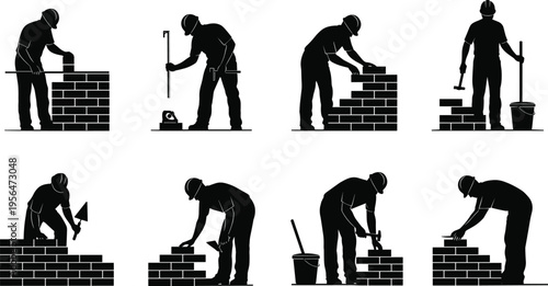 Bricklayer worker silhouettes performing masonry tasks and building brick walls isolated on white background, construction labor, repair work and industrial building process concept