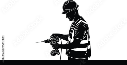 Construction worker silhouette using cordless drill isolated on white background, industrial labor, repair work, maintenance, building process and professional power tools concept illustration