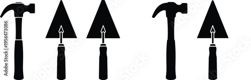 Hammer and trowel tool silhouettes set isolated on white background, construction, masonry and plastering equipment for building, repair and industrial design use