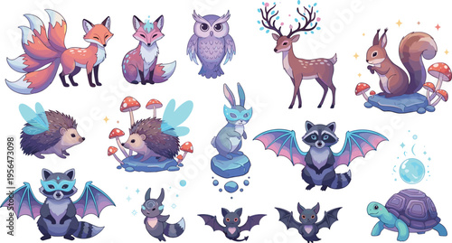 Cute Fantasy Woodland Animals Collection with Fox Owl Deer Squirrel Hedgehog Bat Turtle and Magical Elements Mushrooms Masks Wings and Crystals Cartoon Vector Illustration Set