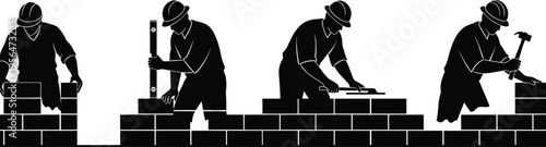 Construction worker silhouettes laying bricks and building wall isolated on white background, masonry process, manual labor, industrial work and teamwork concept illustration