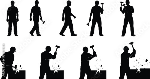Construction worker silhouettes with hammer tools performing demolition and building tasks isolated on white background, industrial labor, repair work and craftsmanship concept