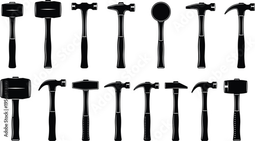 Collection of hammer silhouettes set isolated on white background, various tool types including claw, sledge, mallet for construction and carpentry design use