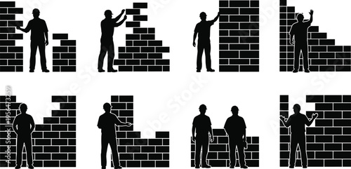 Bricklayer worker silhouettes building wall set isolated on white background, construction masonry process, labor teamwork, industrial building and repair concept illustration