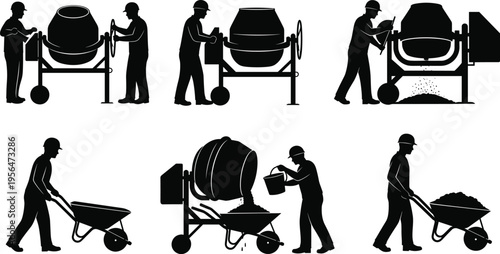 Black silhouette icons set of construction workers operating concrete mixers and wheelbarrows for building site manual labor and masonry cement work