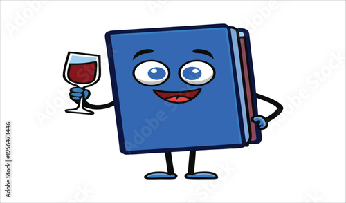 Happy cartoon book character holding a glass of red wine