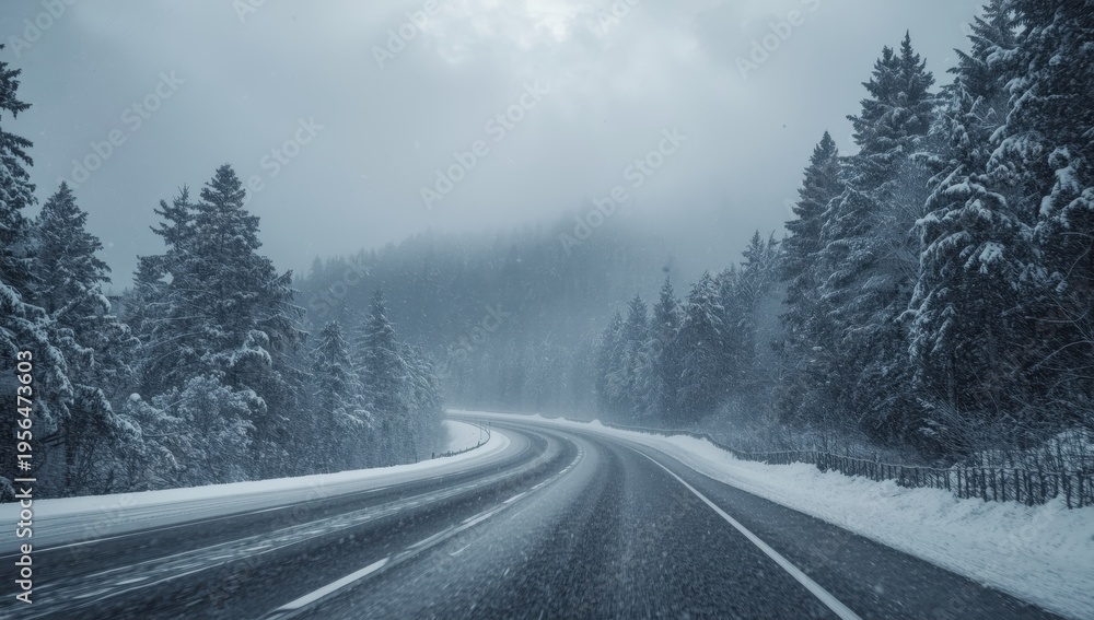 Fototapeta premium Winter storm blizzard on a forest road under daylight.