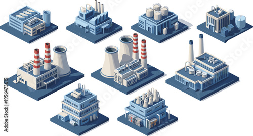 Isometric Industrial Power Plant and Factory Buildings Vector Set with Cooling Towers, Refineries, Warehouses and Energy Production Facilities Collection