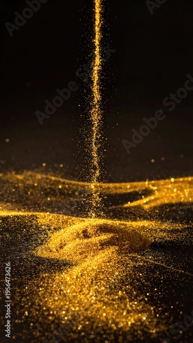 Golden substance flowing, creating a sparkling pile on dark background