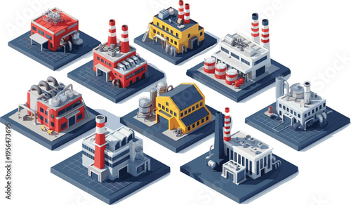 Isometric Industrial Factory Buildings Vector Set with Colorful Manufacturing Plants, Power Stations, Warehouses and Energy Production Facilities Collection