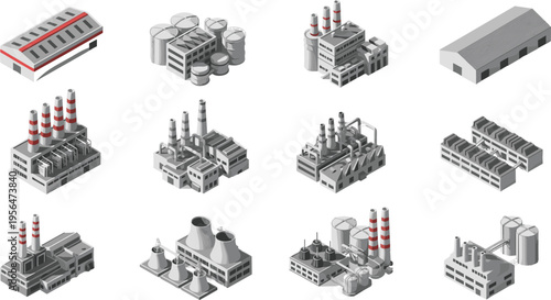 Isometric Industrial Factory Buildings Set in Monochrome Style with Power Plants, Warehouses, Refineries and Manufacturing Facilities Vector Collection
