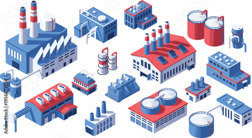 Isometric Industrial Factory and Oil Refinery Buildings Vector Set with Storage Tanks, Pipelines, Power Plants and Manufacturing Facilities Collection