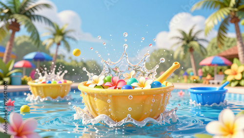 Colorful splash in pool with floating bowls of flowers and balls, creating joyful scene
