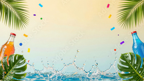 Refreshing drinks splash water with vibrant colors and tropical leaves, creating festive