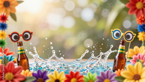 Colorful flowers frame playful bottles with sunglasses splashing in water, creating joyful scene