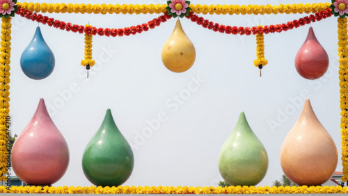 Colorful decorative elements with floral garlands and large droplet shapes create festive