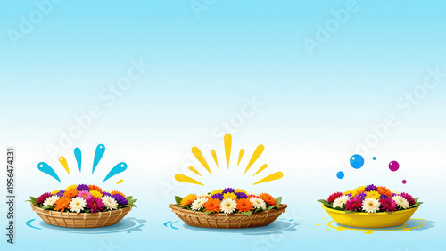 Colorful flower arrangements in baskets floating on water create vibrant scene