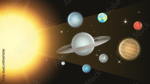 Solar System with Sun and Planets Mercury Venus Earth Mars Jupiter Saturn Uranus Neptune Sunlight Beam Space Astronomy Vector Background