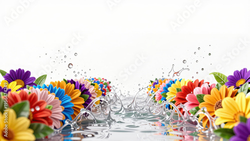 Colorful flowers and water splashes create vibrant and refreshing scene