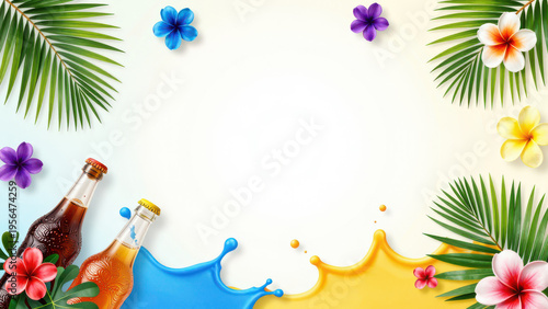 Fresh tropical drinks with colorful splashes and vibrant flowers create lively atmosphere
