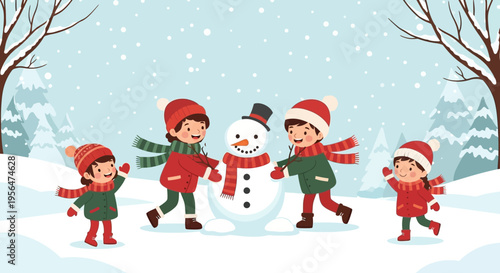 Children playing in snow with snowman winter fun happy kids